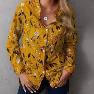 ☀️Golden Yellow Floral Button Up Blouse with Button Up Sleeves☀️